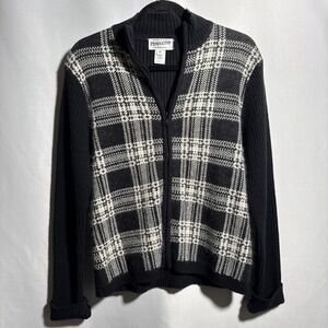 Pendleton Womens Black White Plaid Zip Up‎ Sweater M Silk Angora Cashmere Wool
